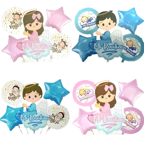 Set 5 Globos Mi Bautizo Angelito Angelita Estrellas Redondo