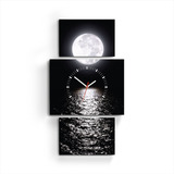 Cuadro Moderno Reloj Triptico Luna Llena Mar Paisaje Deco
