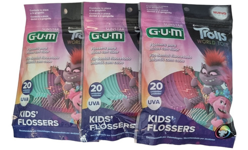 Hilo Dental Kids Flossers Con Flúor Trolls Uva 3 Packs Niños