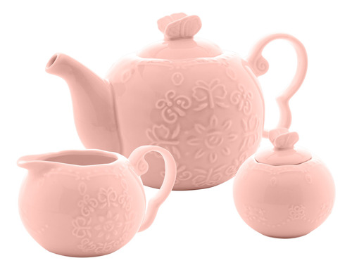 Cj Para Café/chá Porcelana Butterfly Rosa 3 Pçs Bon Gourmet