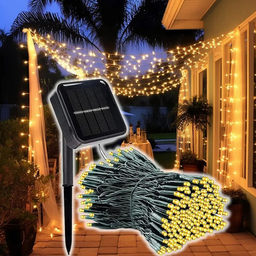 Serie Navideña Solar 100 Luces Led 10mts 8 Modos Impermeable