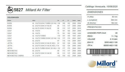 Filtro Aire Millard Mk5827 Polo Bora Golf Seat Leon Jetta Foto 3