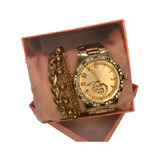 Relógio Feminino Dourado Coração + Caixa E Pulseira Semijóia