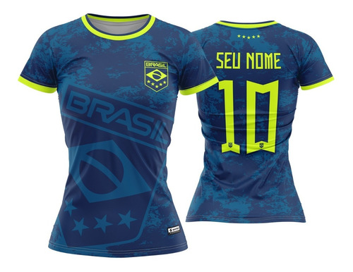 Camisa Brasil Feminina 2022 Azul Personalizada Com Seu Nome