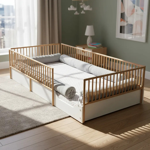 Cama Cuna Corral De Madera Barnizada Para Niños Pequeños