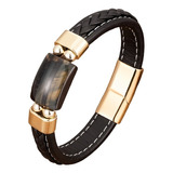 Pulsera Brazalete Manilla Cuero Piedra Ojo De Tigre Hombre