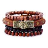 Pulsera Yin Yang De Piel Y Madera Hombre Mujer Parejas 4 Pzs Largo 20 Cm