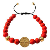 Pulsera San Benito Hombre Con Piedra Roja Cuentas Doradas