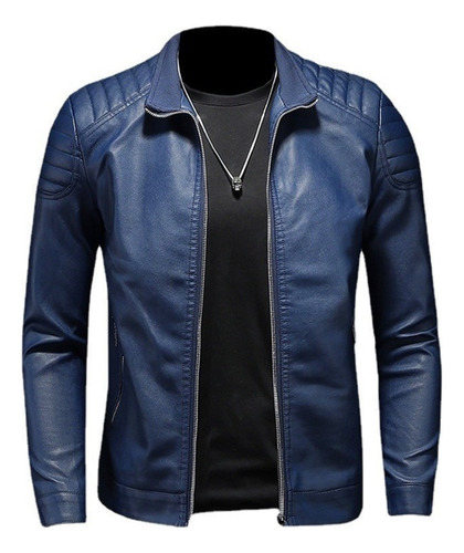 Chaqueta Vini Piel Slim Fit Moda Hombre Tipo Biker Azul Sl8