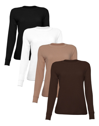 Kit 4 Blusinhas Feminina Manga Comprida Com Gola Redonda