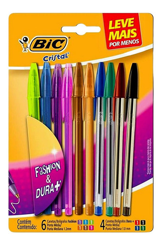 Caneta Bic Fashion Colorida Cristal 10 Cores Esferográfica