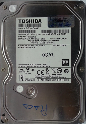 Disco Toshiba Dt01aca050 500gb Sata 3.5 - 2292 Recuperodatos