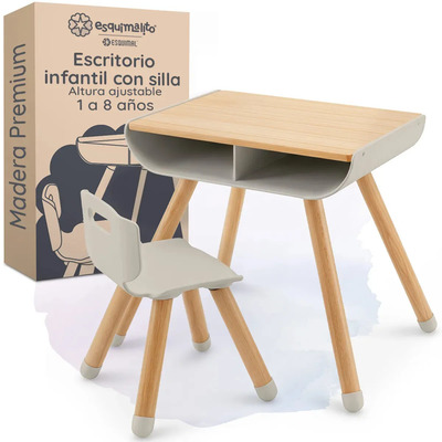 Mesa Y Silla Para Niños, Escritorio Infantil Con Altura Ajustable, Madera De Haya, Mesita Niño Y Niña De 1 A 8 Años, Greige