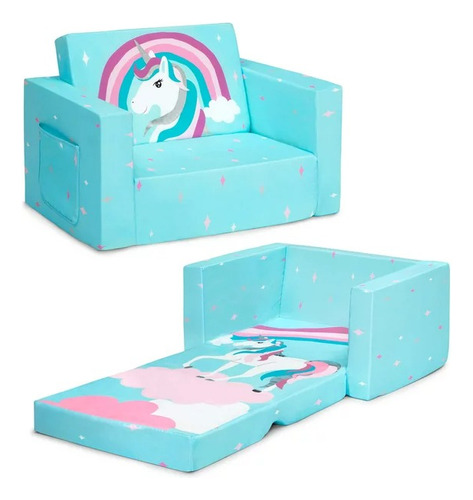 Sofacama Infantil Niños Niñas Plegable Unicornios Azul Menta