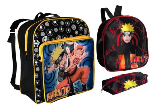 Kit Escola Naruto Bolsa Costas Pequena Estojo E Lancheira