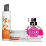 Kit Shampoo Máscara Banho Verniz + Perfume Capilar Uno 