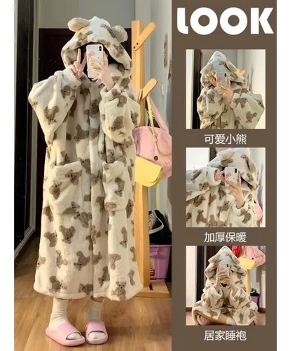 Pijama De Felpa Coral Con Oso De Dibujos Para Invierno