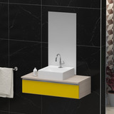 Armario Banheiro Joy 80cm - Gabinete + Cuba + Espelho Cor Do Móvel Madeirado / Amarelo