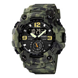 Reloj Pulsera Skmei 1637 De Cuerpo Color Camuflado Verde, Analógico-digital, Para Hombre, Fondo Negro, Con Correa De Poliuretano Color Camuflado Verde, Agujas Color Verde, Negro Y Blanco, Dial Amarill