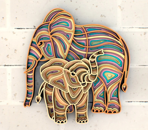 Cuadro Decorativo Elefante Animal Mama Hijo Colorido Madera