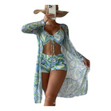 Bikini De Hilo Con Estampado Completo Y Kimono Playero