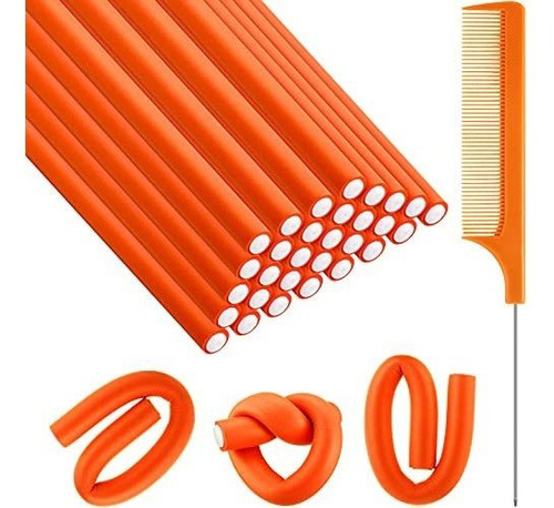 30 Ruleros Tipo Varilla Flexible 18x1.4cm Goma Naranja+peine