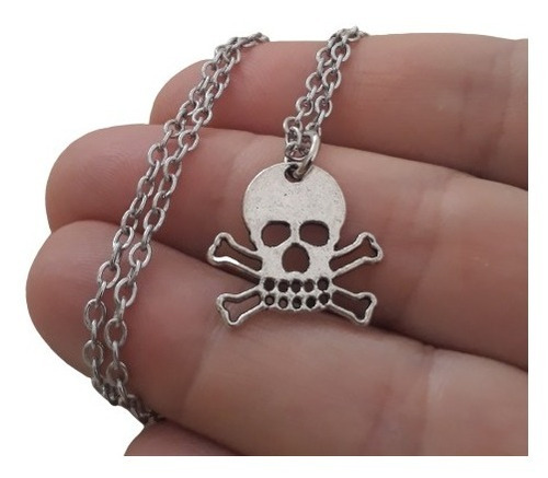 Collar Metal Plateado Dije Doble Faz Calavera Huesos Skull