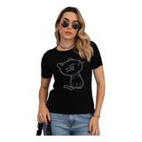 Blusa T-shirt Feminina Estampa Gatinho Com Strass Brilhante