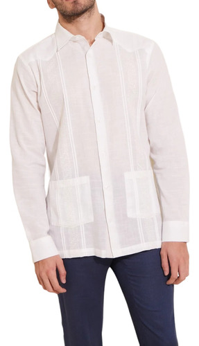 Camisa Guayabera Blancas Para Hombre Larga- 2 Bolsillos