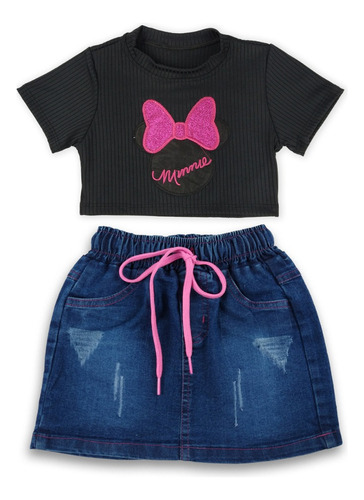 Conjunto Luxo Diva Cropped E Saia Jeans Infantil 