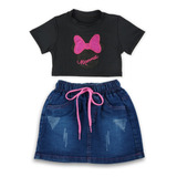 Conjunto Luxo Diva Cropped E Saia Jeans Infantil 