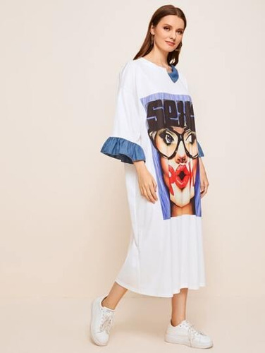 Vestido Oversized Blanco Y Jeans Ilustración Labios Shein