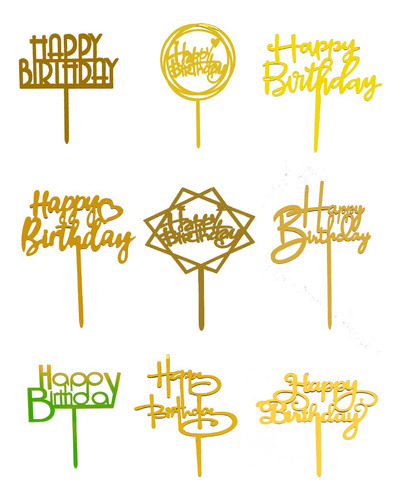 9 Letreros Acrílico Cake Topper Feliz Cumpleaños Color Oro