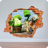 Vinilo Pared Rota 3d Plantas Contra Zombies 100x100