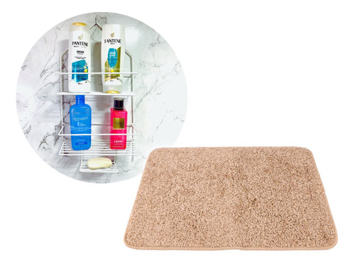 Kit Baño Organizador Blanco Y Alfombra Antideslizante Arena