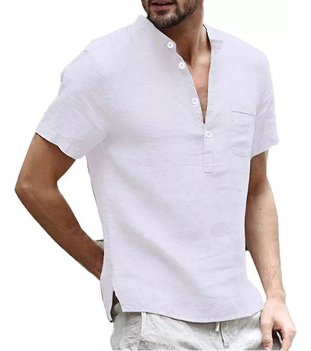 Camisa Algodon Lino Hombre Verano Cuello Bajo