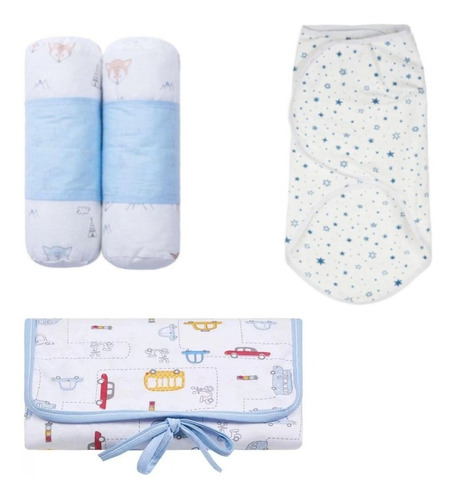 Kit Trocador Fraldas + Rolinho Segura Bebê + Cueiro Swaddle