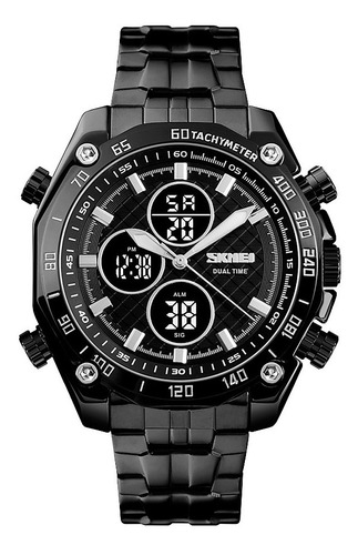 Reloj Hombre Skmei 1302 Acero Alarma Cronometro Elegante Color De La Malla Negro/negro