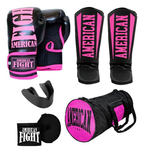 Kit Boxe Muay Thai Luva Caneleira Bolsa Bandagem Bucal Rosa