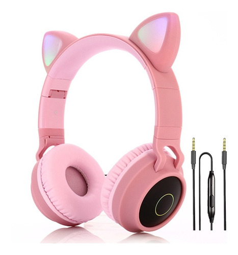 Auriculares Bluetooth Inalámbricos Orejas Gato Luz Led Color Rosa-m