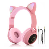 Auriculares Bluetooth Inalámbricos Orejas Gato Luz Led Color Rosa-m
