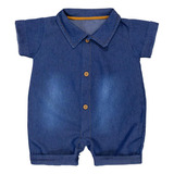 Macacão Camisa Jeans Para Bebê Menino Lavagem Azul