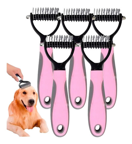 Kit X5 Peine Desatanudo Rastrillo Doble Medium Rosa Mascotas