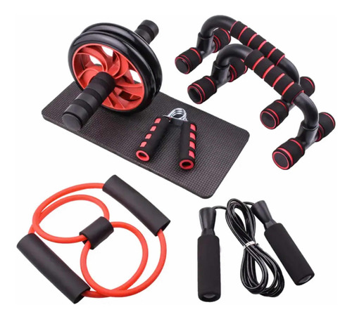 Kit Ejercicio En Casa 7 Pzs Fitness Rodillo Cuerda Abdomen Color Rojo