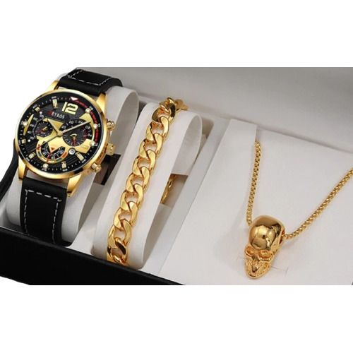 Relógio Masculino Preto Dourado+ Colar Pulseira Caveira Luxo