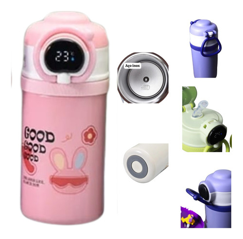 Garrafa Térmica Inox Led Digital Infantil 550 Ml Squeeze Cor Rosa