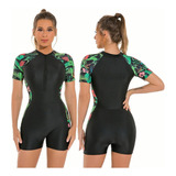 Traje De Baño Enterizo Deportivo Floral De Manga Corta