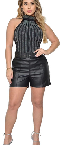 Body Feminino Tule Brilho Strass Gola Choker Nadador Festa