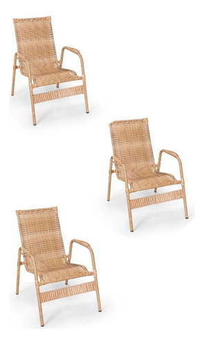 3 Cadeiras Poltrona De Fibra Sintética Resistente Sol Chuva 