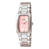 Reloj Casio Ltp-1165a-4cdf Mujer 100% Original Correa Plata Bisel Rosa Fondo Rosa